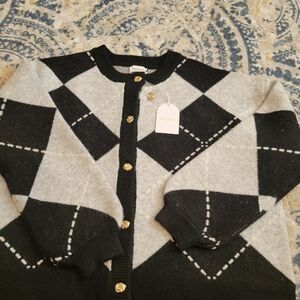 Song Of Style Argyle Cardigan Sweater Black And White Gray Gold Buttons NWT Sm